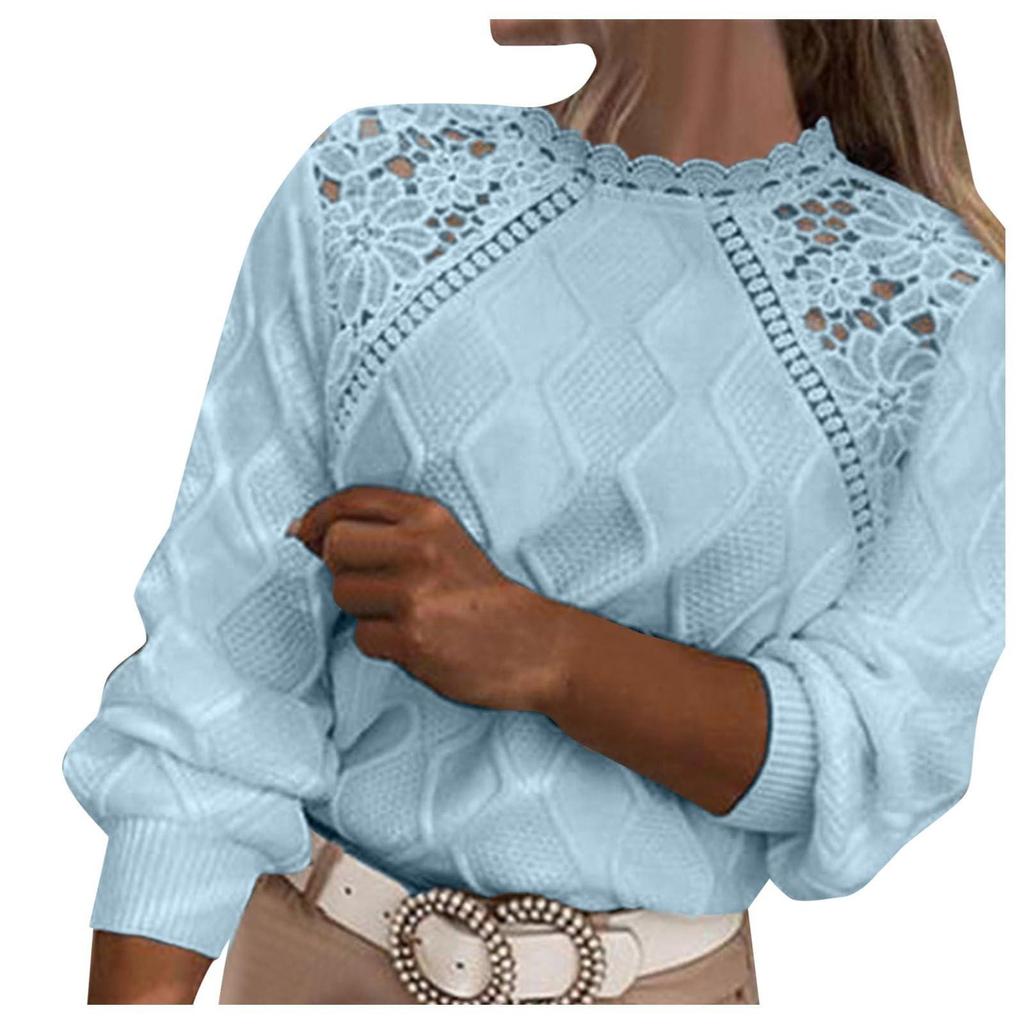 Женская мода с длинным рукавом и круглым вырезом, полый кружевной вязаный топ