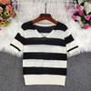 Women's Knitted T-shirt V-neck Hollow Stripe Summer Thin Ice Silk Short Sleeve Top