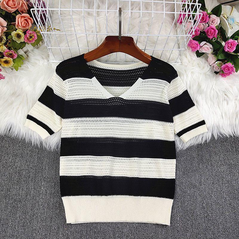 Women's Knitted T-shirt V-neck Hollow Stripe Summer Thin Ice Silk Short Sleeve Top