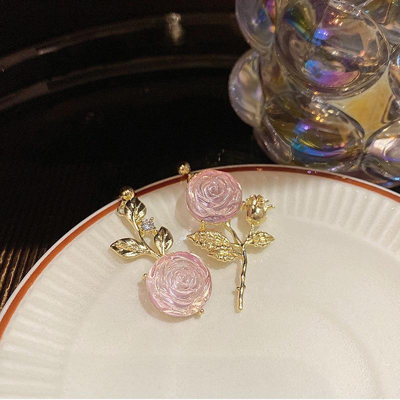 "S925 Silver Asymmetrical Rose Flower Earrings - 2023 High-End Niche Design"