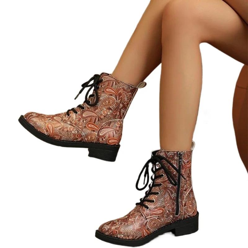 Обувь для женщин Модные ботильоны на шнуровке Женские ботинки Зимние новинки Низкий каблук Современные ботинки Женские туфли с граффити Дамы