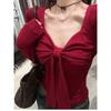Bow V-neck Long Sleeve T-shirt Spring and Autumn New Slim-fitting Slim Base Shirt Top