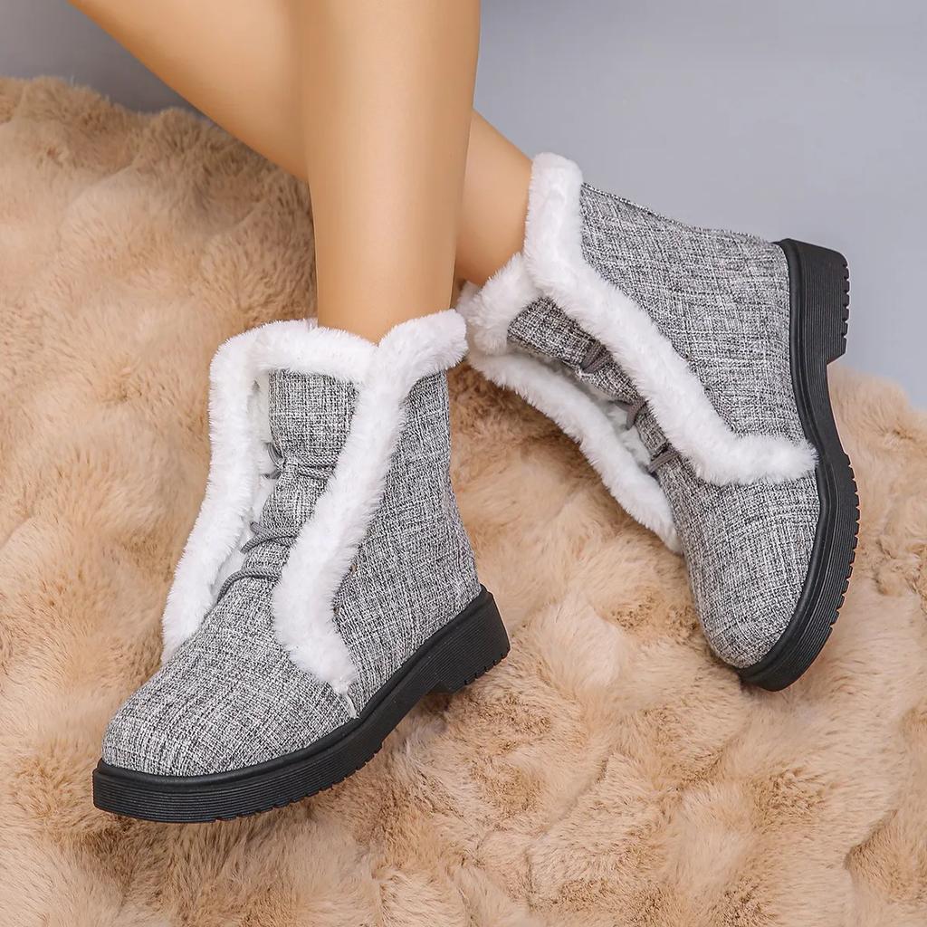 Fashion Autumn and Winter Thick Snow Boots with Velvet New Fashionable Women's Fury Short Style Tie Up Warm Non-slip Winter Boots