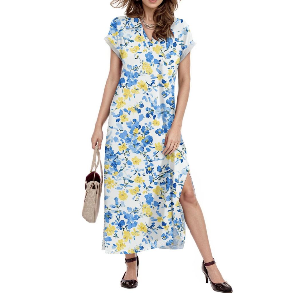 Женское платье макси с цветочным принтом, повседневное платье-рубашка с длинным рукавом и свободным разрезом, праздничное платье с коротким рукавом