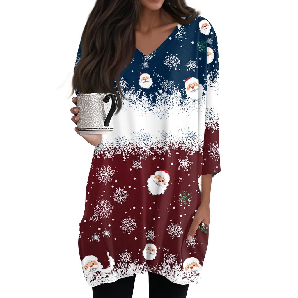 Женские топы с V-образным вырезом и рукавом 3/4, повседневные блузки средней длины, модные туники с рождественским принтом и карманами