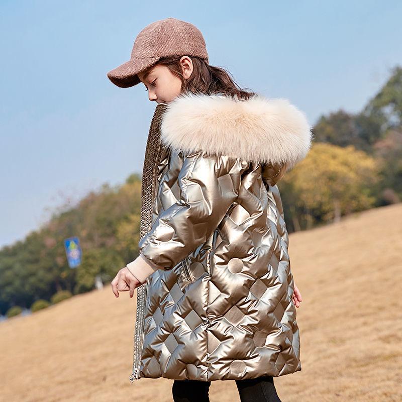 Зимняя мода No-Clean Белый утиный пух Детское длинное пальто Теплый меховой воротник для девочек Зимние куртки Детская верхняя одежда