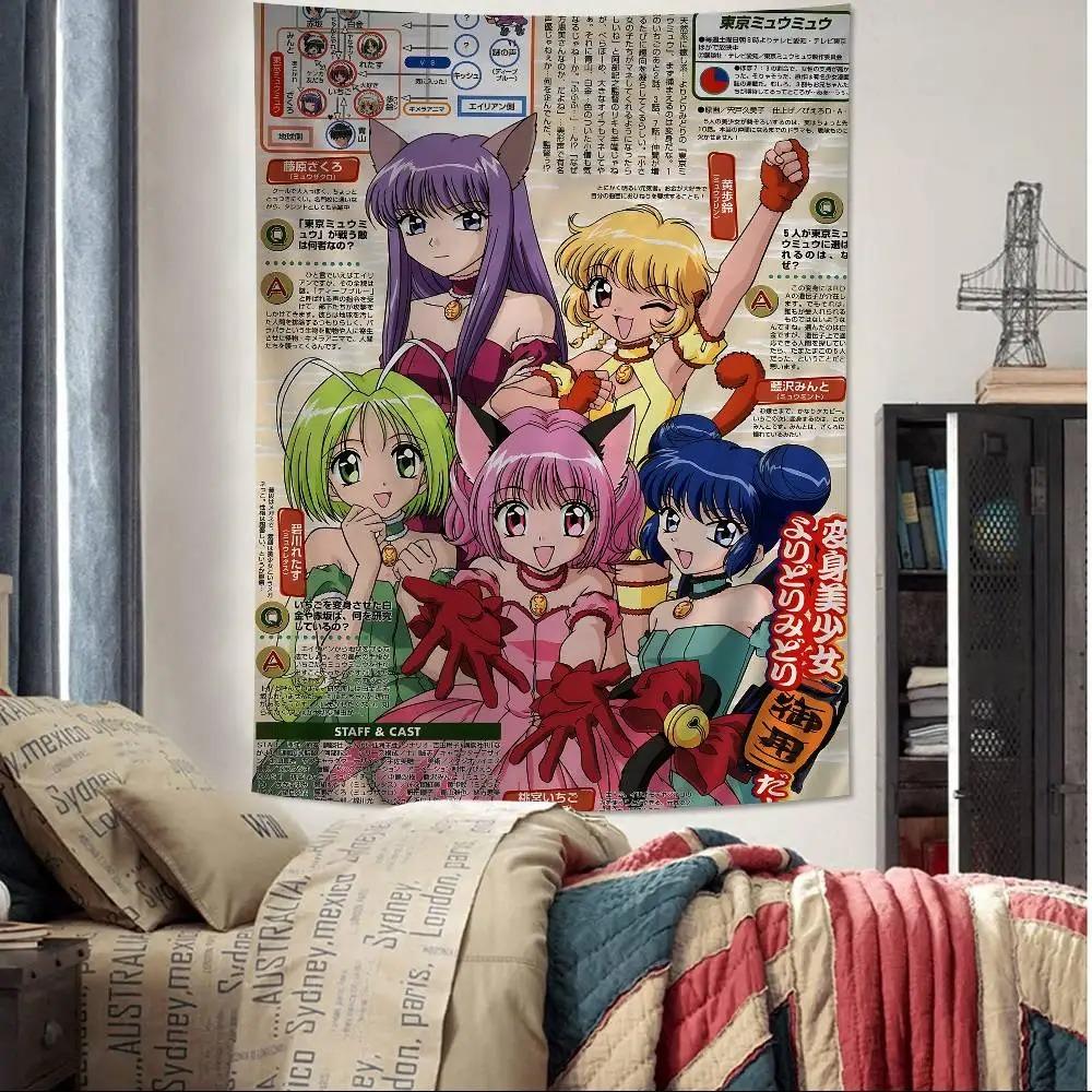 TTokyo Mew Mew Аниме Гобелен Ретро Магическая Девушка Принт Полиэстер Настенный 90-е Аниме Тематика Домашний Декор для Спальни Общежития