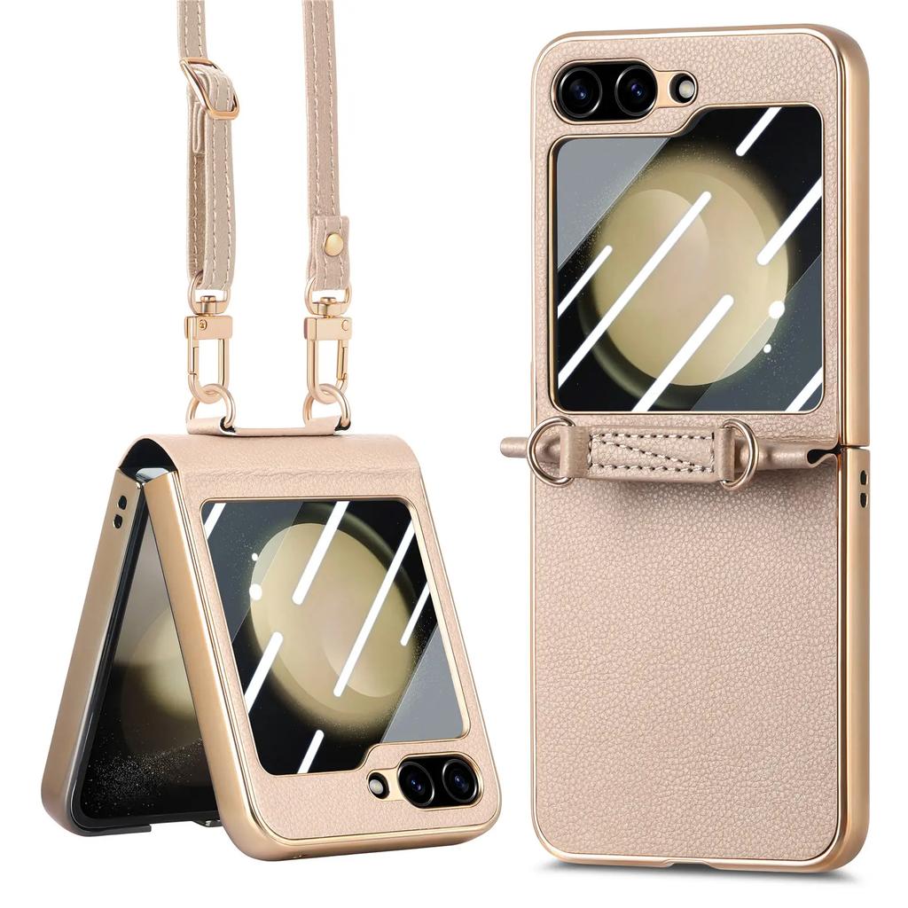 Кроссбоди Шнурок Гальваническое покрытие PU Кожа Чехол для телефона для Samsung Galaxy Z Flip 5 Flip5 5G Жесткий Чехол Ударопрочная Накладка