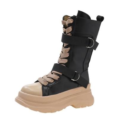 Модные женские ботинки из парусины на толстой платформе, осенне-зимние, на шнуровке, с молнией, мотоциклетные ботинки, женские, с толстой подошвой, нескользящие, до щиколотки