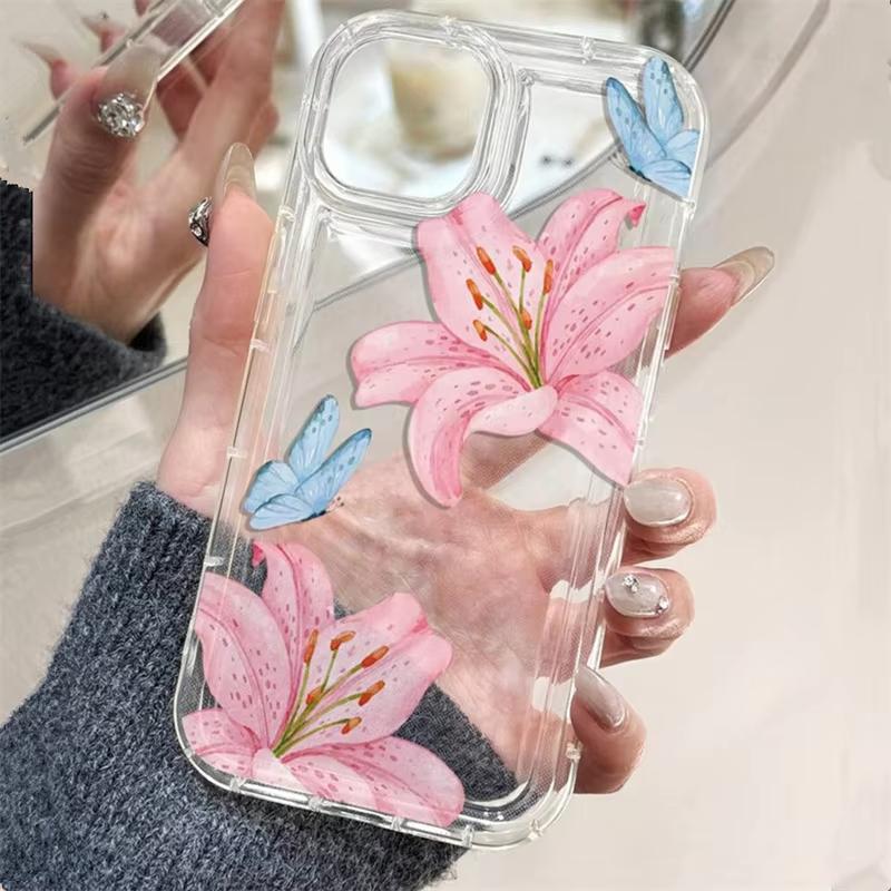 Ins Pink Lily Pattern Transparent Phone Case for iPhone 17 16 16E 14 13 15 Pro Max 11 12 Pro 17 Air 15 Plus Shockproof Cover