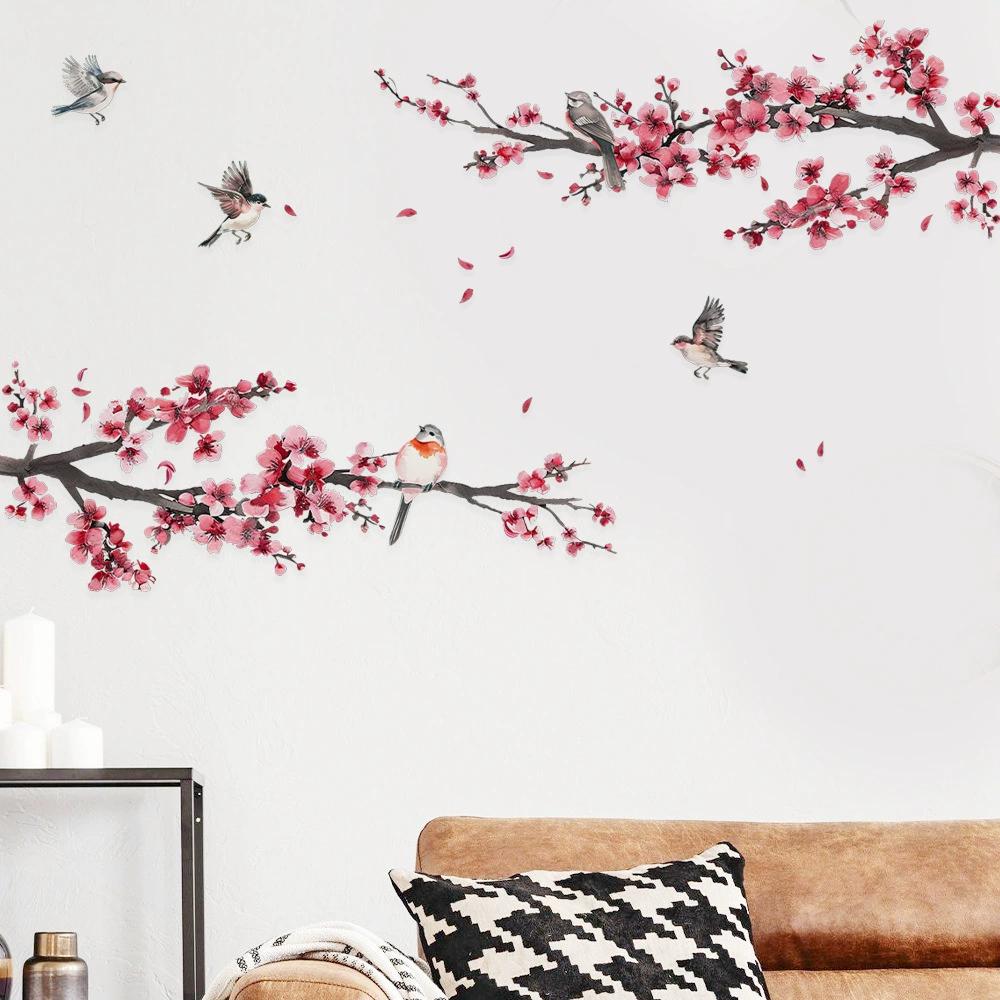 Colorful Flower Pendant Lamp Bird Wall Sticker For Bedroom Living Room Entrance Home Background Decoration Self-adhesive 29*22CM