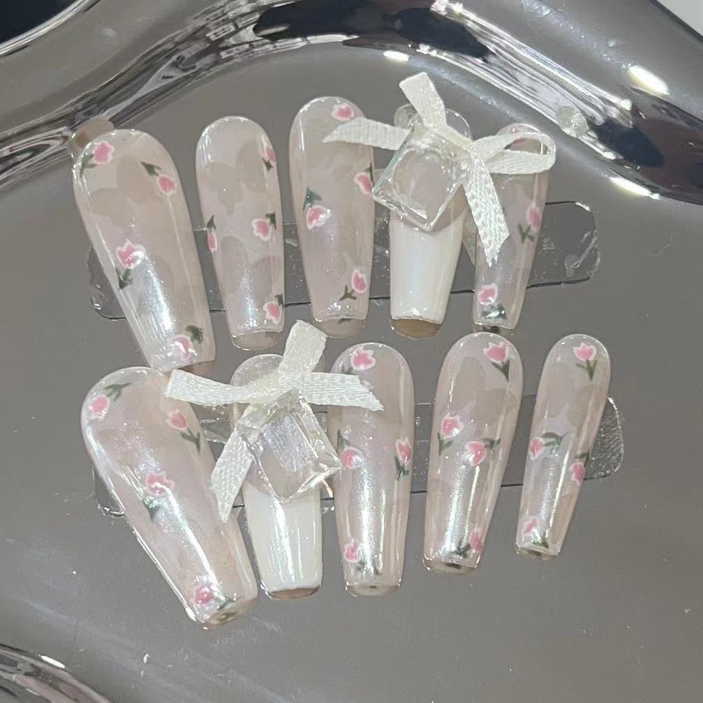 Pure Hand-wearing Nails with High-end Light Luxury Moon Powder Butterfly Manicure Removable Nails with Nails with Fake Nails