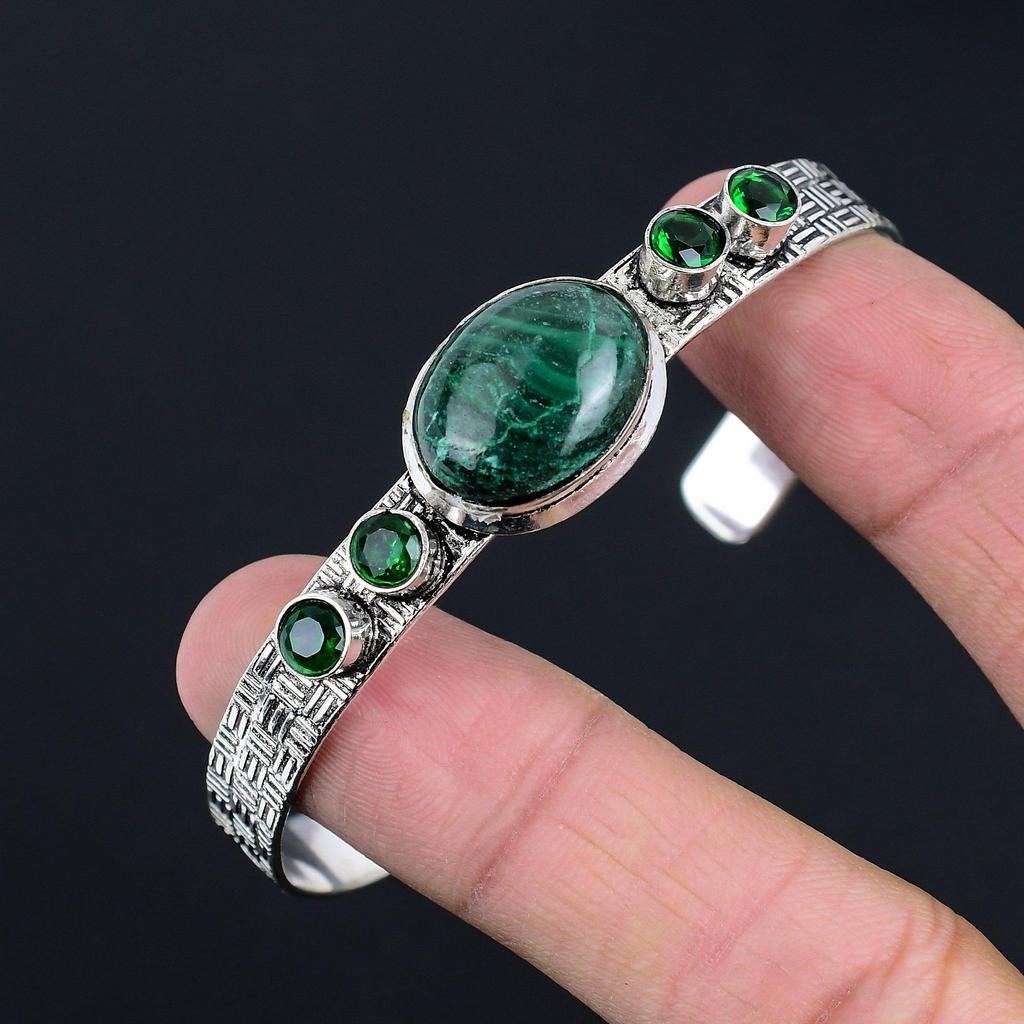 Браслет-бенгл из стерлингового серебра 925 пробы с овальным малахитовым драгоценным камнем и хромдиопсидом в стиле бохо