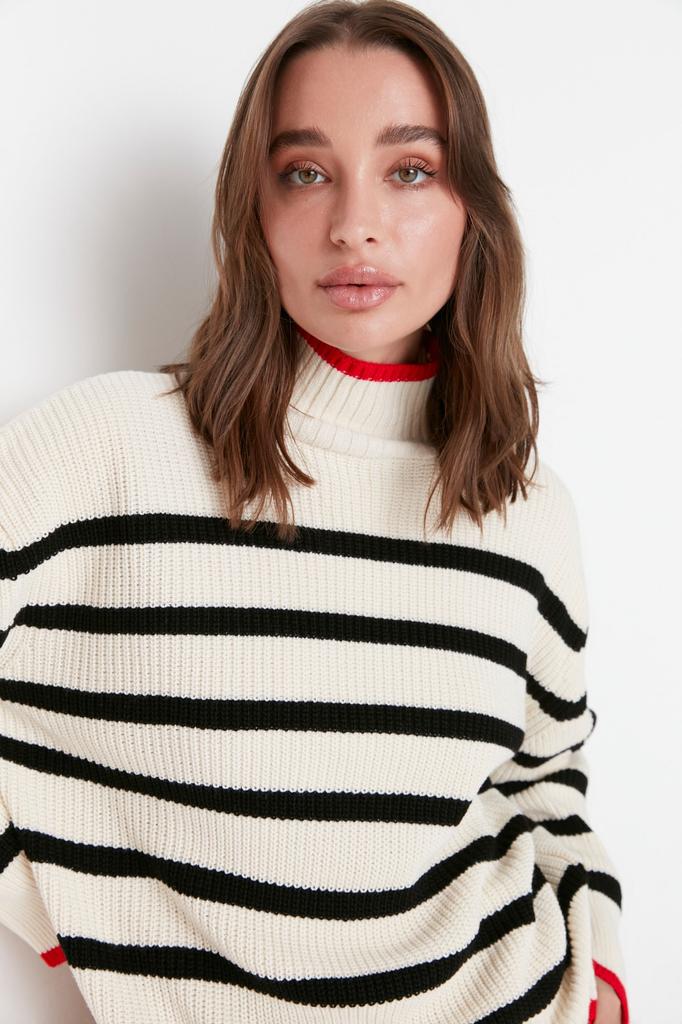 Женский модный новый свитер, черный вязаный свитер в полоску с широким узором