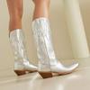 IPPEUM Silver Metallic Cowboy Boots Knee High Embroider Chunky Heel  Cowgirl Shoes Mid Calf Western Botas Cowboy Mujer
