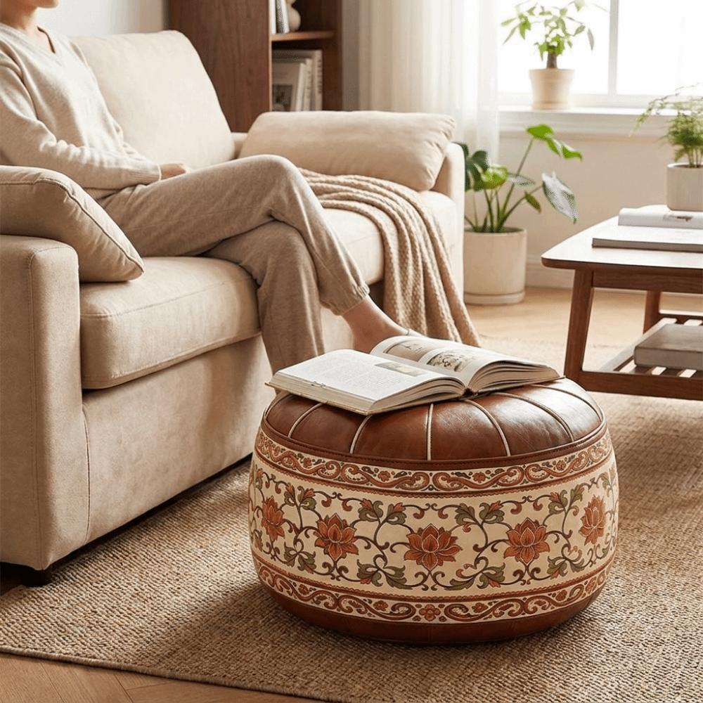 Unstuffed Lotus Print Seat Cushion Cover PU Leather Round Footstool Cover for Living Room