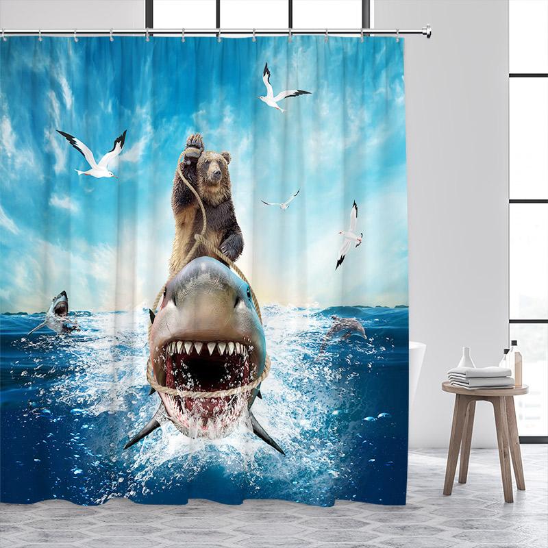 Funny Cat Riding Dinosaur Shower Curtain Cute Animal Surfboard Sea Waves Japanese Landscape Kids Bath Curtains Bathroom Decor