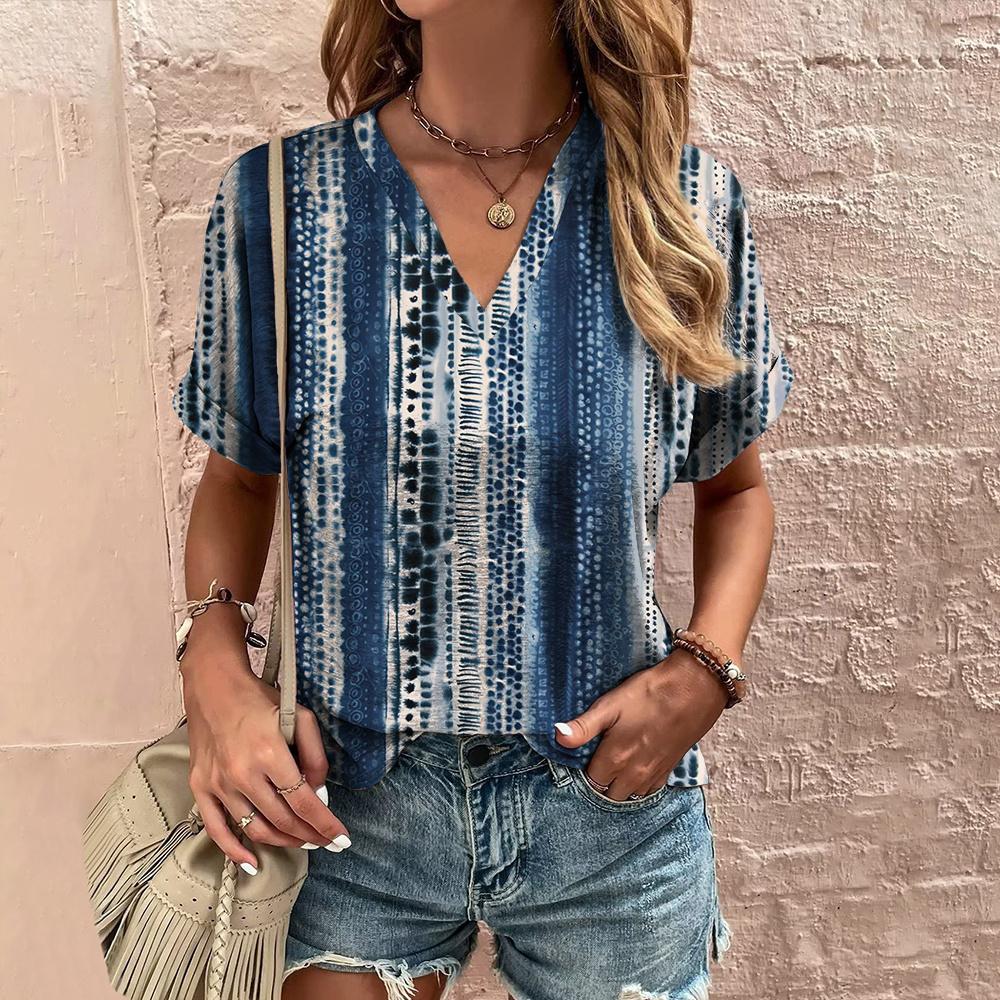 Летняя женская футболка с полосатым принтом, футболка в стиле тай-дай с коротким рукавом, женская одежда, V-образный вырез, свободная блузка, женские футболки