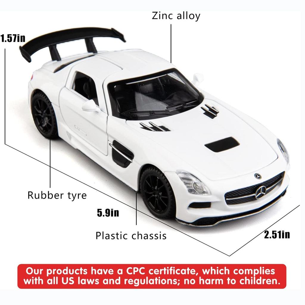 1:32-масштабная модель автомобиля Benz SLS AMG, литая под давлением цинкового сплава, игрушечная машинка с откидной спинкой, звуком и светом для детей, мальчиков и девочек
