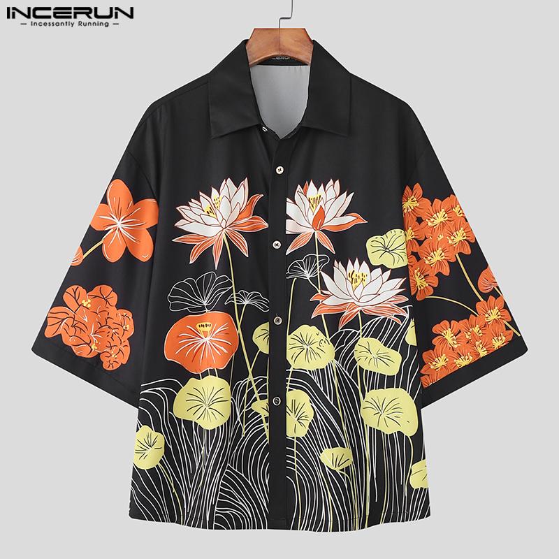INCERUN Мужские повседневные рубашки оверсайз свободного кроя с лацканами и коротким рукавом с цветочным принтом