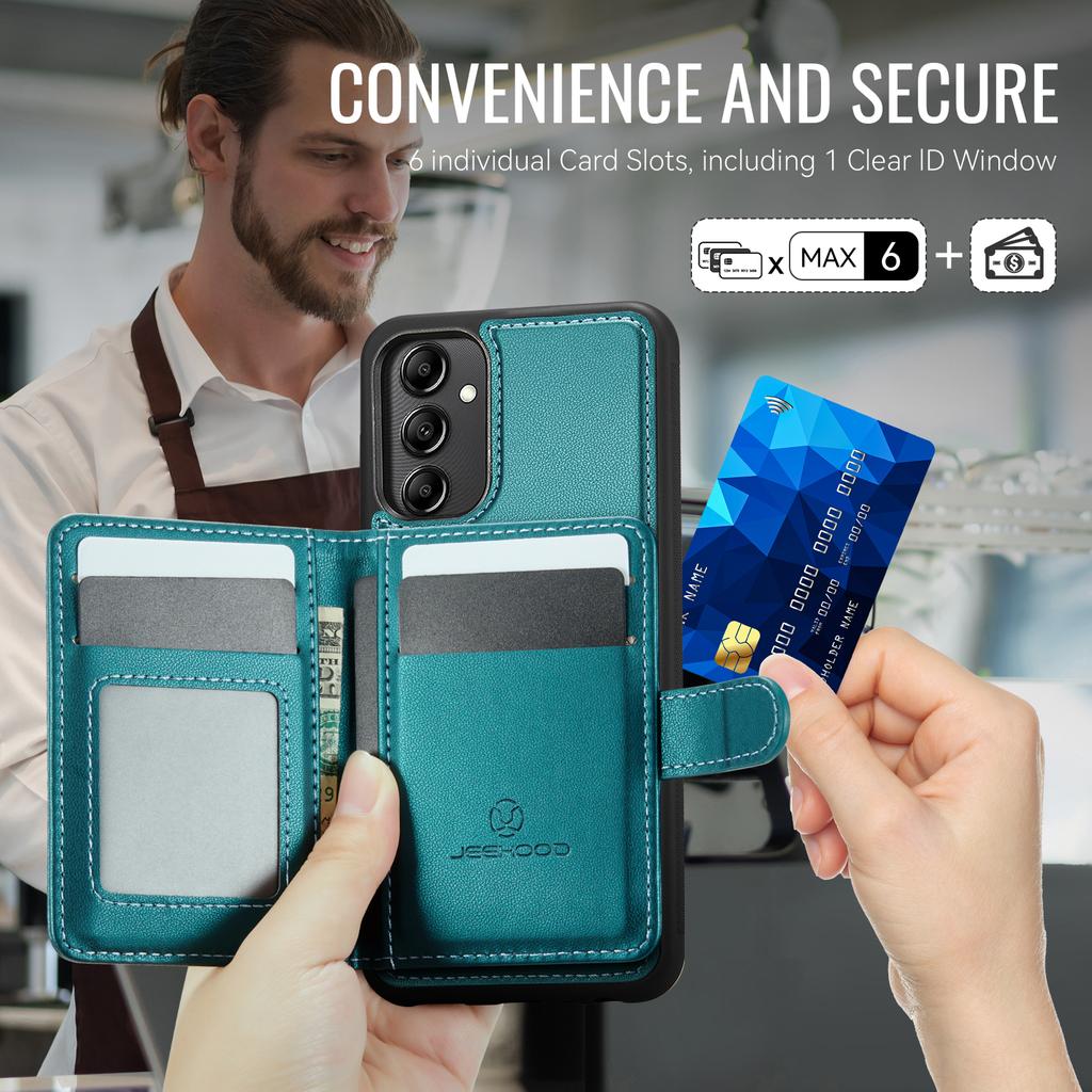 For Samsung Galaxy A34 5G Case JEEHOOD J09 RFID Blocking Card Holder Leather Back Phone Cover Magnetic Case