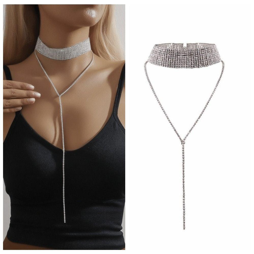 Y-shaped Rhinestone Necklace Gold Long Choker Elegant Multi-Layer Necklace  Wedding