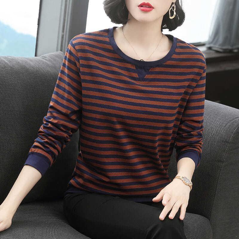 Long Sleeve Stripe Tee Women Middle Age Mom Spring Autumn Casual Base Layer Wearable Top