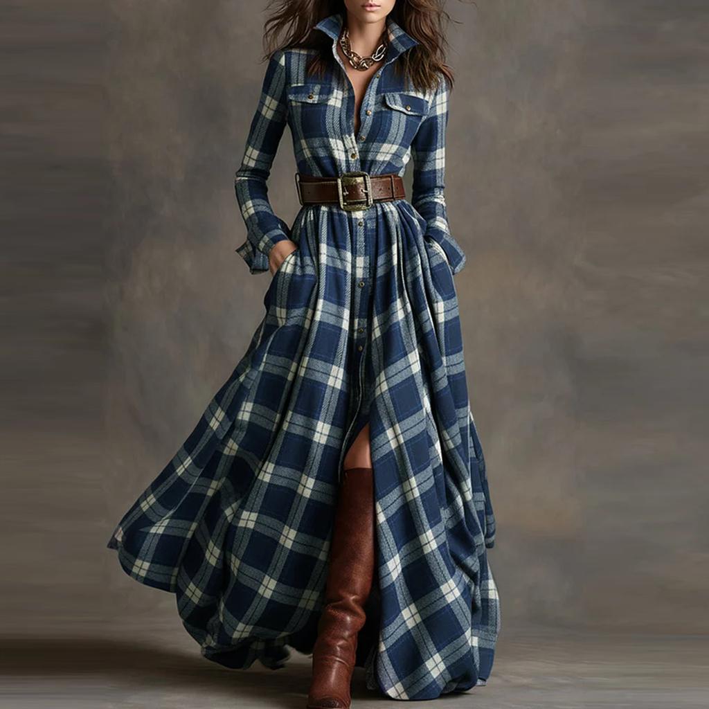 Women's Fashion French Vintage Check Waist-cinching Slimming Asymmetrical Design Collar Long-sleeved Dress