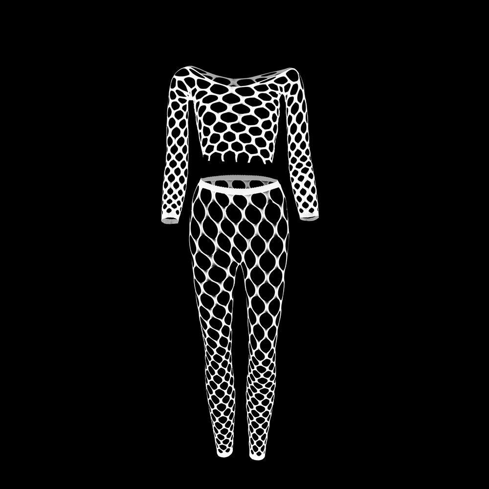 Комплект из двух предметов: топ с длинными рукавами и сетчатые брюки, женское сексуальное открытое сетчатое белье в сетку, прозрачное нижнее белье больших размеров, сексуальное