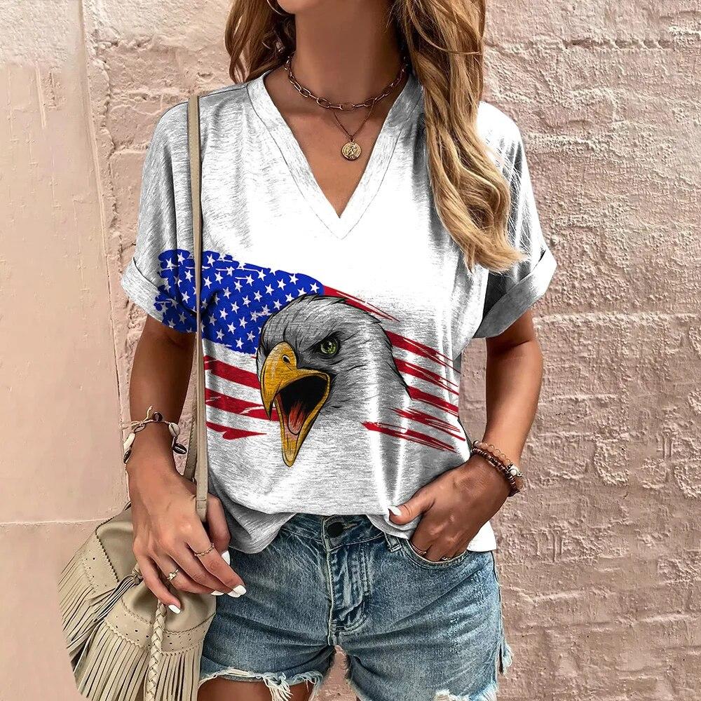 Женская футболка с v-образным вырезом, новая американская одежда ко Дню независимости, топы с 3d принтом национальных флагов, повседневный женский пуловер большого размера, 2023