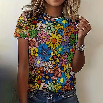 Ретро племенная цветочная футболка с 3D-принтом для женщин, повседневная футболка с коротким рукавом и круглым вырезом, уличная футболка Харадзюку, женский топ