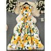 Classy Dress Women's Vintage Court Style Print Cinched Sleeveless Vest Dress 2024 Summer Dress Big Hem A- Line Skirt