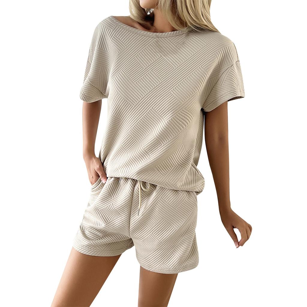 Женские летние однотонные топы и шорты с круглым вырезом, повседневный комплект из двух предметов