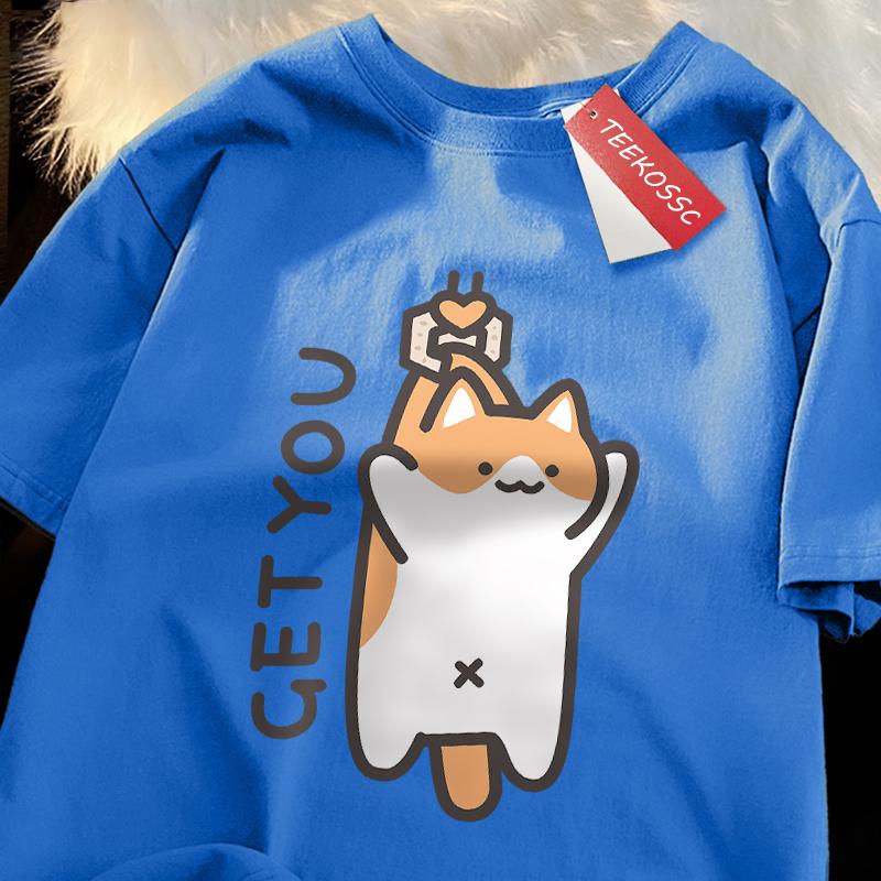 Catching Baby Fun Cat Print Japanese Style Clothes Men Fashion Oversize T-Shirt Casual O-neck Tops Summer Cotton Loose T Shirt