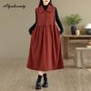 Japanese Mori Girl Autumn Winter Women Midi Sundress Turn-Down Collar Brown Casual Loose Sleeveless Dress Vintage Baggy Corduroy Tank Dress