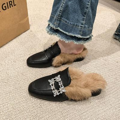 Теплые туфли-мюли женские массивные тапочки Crystal Luxury Casual Slips 2024 Fashion New Fall Plush Walk Zapatos Mujer