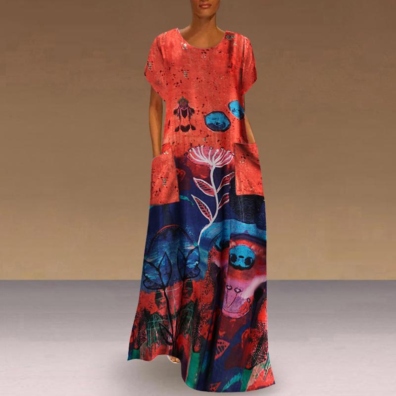 Women Spring Summer National Style Bohemian Long Dress Straight O-Neck Short Sleeve Loose Waist Print Pocket