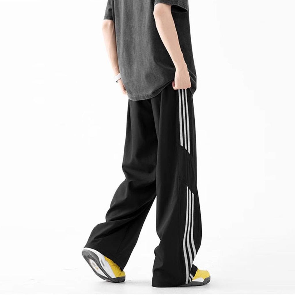 Полосатые повседневные брюки из ледяного шелка для мужчин и женщин, летние тонкие модные брендовые свободные быстросохнущие прямые брюки для зарядки, брюки парашютиста для мужчин