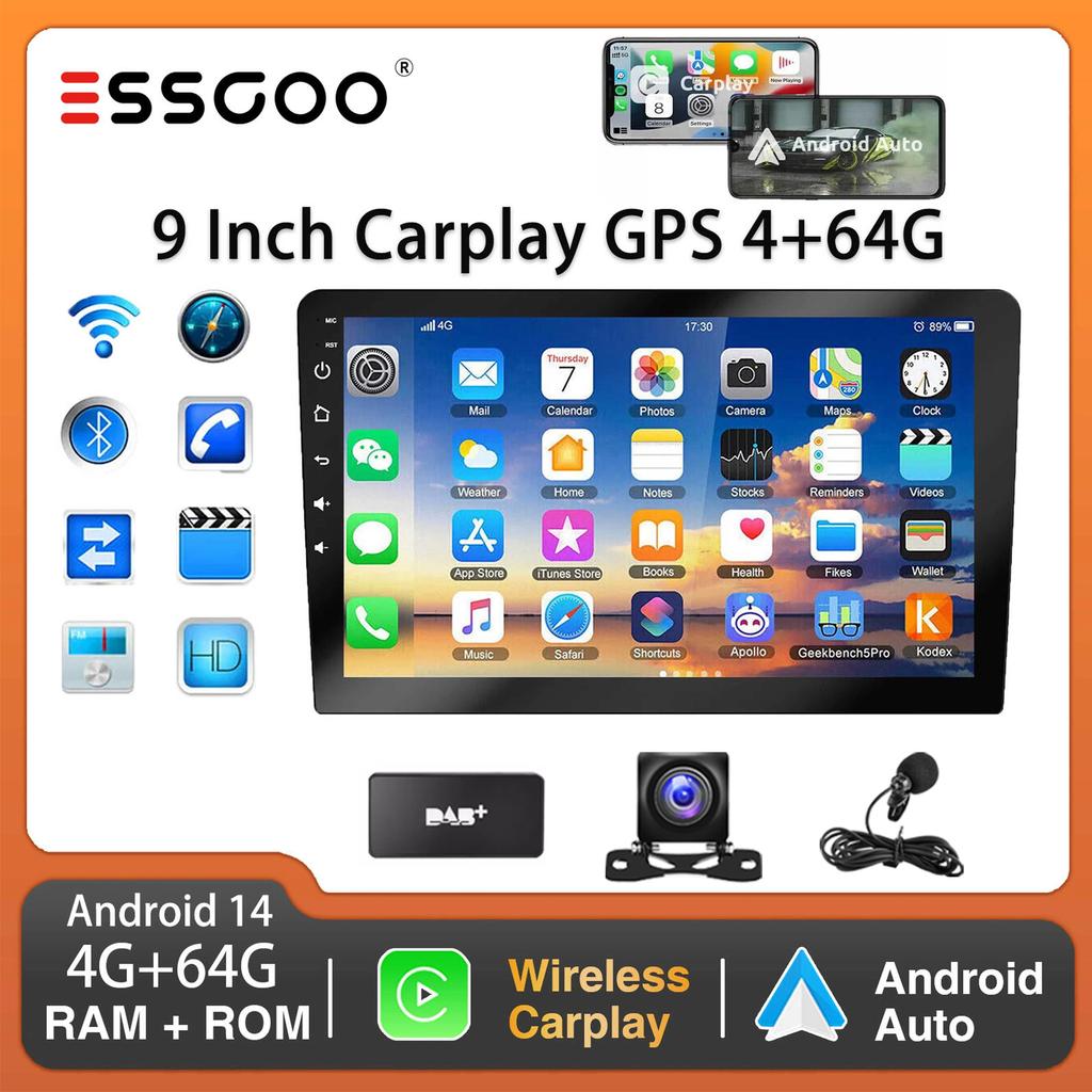 9-дюймовый 2 DIN автомобильный стерео радиоприемник Wirless Carplay Android Auto Car Stereo Bluetooth 64G GPS навигация RDS WiFi USB FM DAB+CAM
