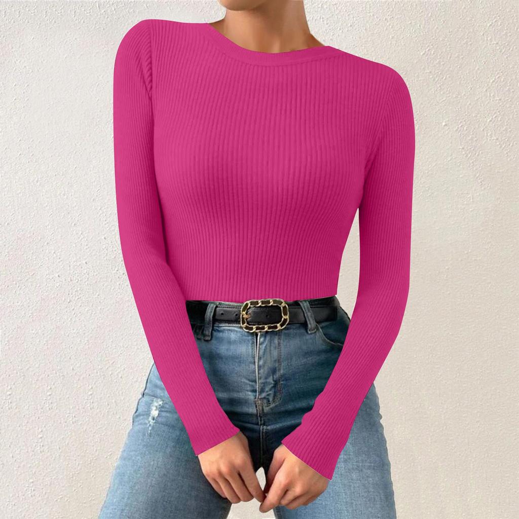 Женская однотонная футболка с круглым вырезом и вертикальными длинными рукавами