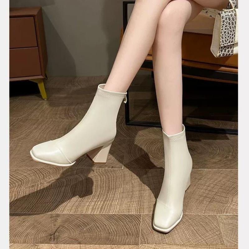 Мода 2024 Весна Осень Новый Стиль Квадратная Голова Кожа Лицо Универсальная Удобная Верхняя Одежда Молния Голые Сапоги Короткие Сапоги для Женщин