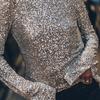 Women Top Round Neck Hollow Out Back Backless Shiny Sequin Long Sleeve Soft Pullover Party Club Performance Lady T-shirt Blouse