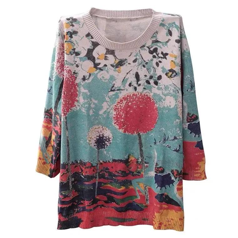 Женский весенний дизайн, вязаный свитшот с принтом, с круглым вырезом, осенний топ