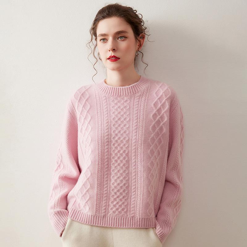 Women's Loose Fit Round Neck Cashmere Sweater: Thick Warm Cable Knit Pullover, Pure Color Korean Style.