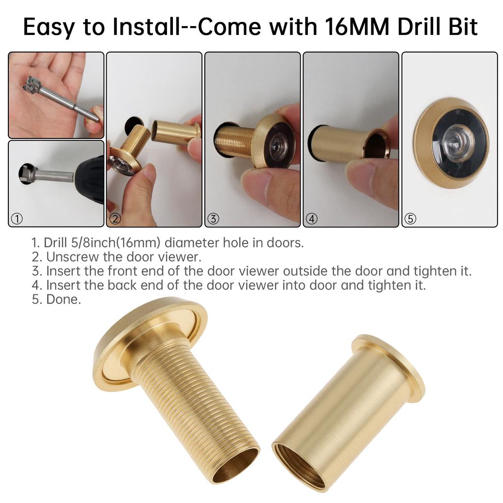 Solid Brass 2pcs 16mm Door Peephole Viewer 200 Degree Wide Angle HD Optical Glass Lens Heavy Duty Universal for 40 To 60mm Thickness Home Office Hotel