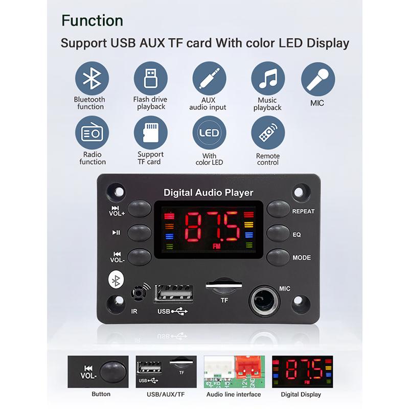 Автомобильный радиомодуль беспроводной Bluetooth 5.3 WMA декодер плата USB TF FM AUX 12 В поддержка микрофона для караоке Mp3-плеер динамик