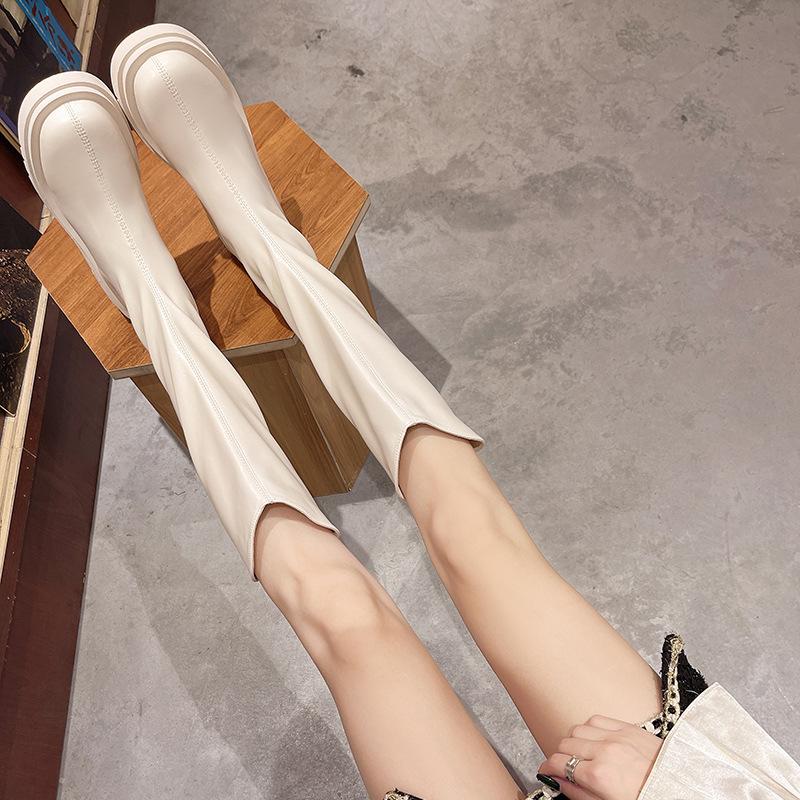 Длинные сапоги женские осенне-зимние новые рыцарские сапоги на толстой подошве с круглым носком тонкие сапоги сексуальные зрелые маленькие кожаные сапоги