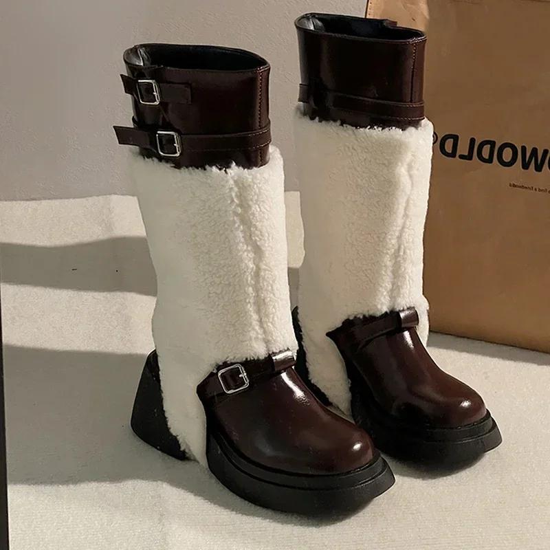 Сапоги на меховой платформе, женские, дизайнерские, новые, на среднем каблуке, женская обувь, тренд 2024 года, зимние сапоги, модные зимние сапоги «Челси», женская обувь
