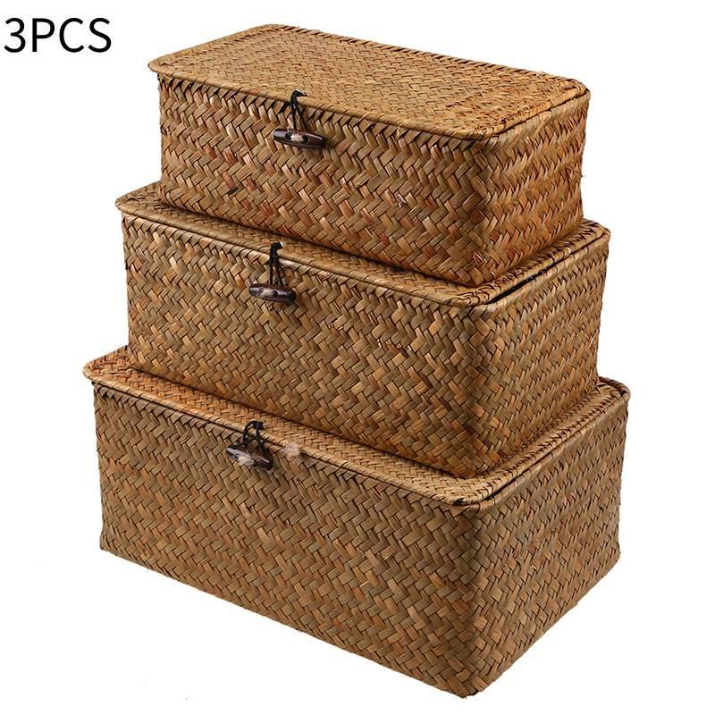 Винтажная желтая корзина для хранения из морской травы с крышкой, идеально подходящая для CD-дисков, пультов дистанционного управления и канцелярских принадлежностей