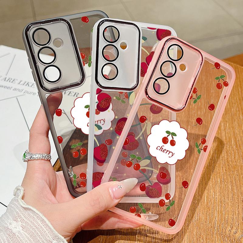 Мягкий силиконовый противоударный чехол с рисунком вишни для Samsung S25 Ultra S24 FE S23 Plus A36 A56 A16 A55 A15 A26, защитная пленка для объектива, тонкий прозрачный чехол для телефона